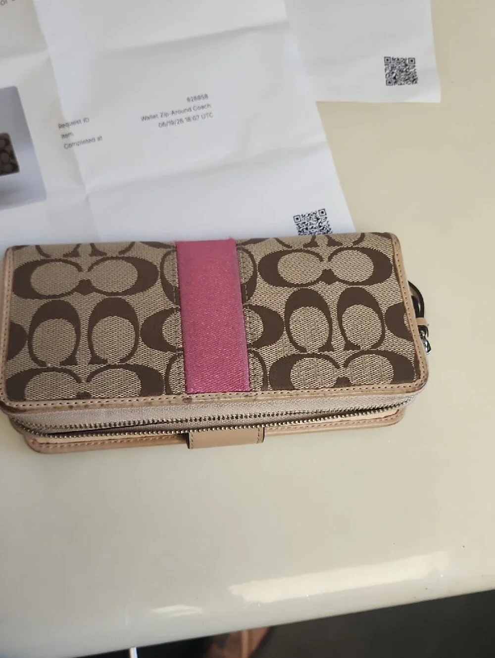 Coach Brown Signature Canvas Shoulder Bag with Pink Stripe and Matching Wallets